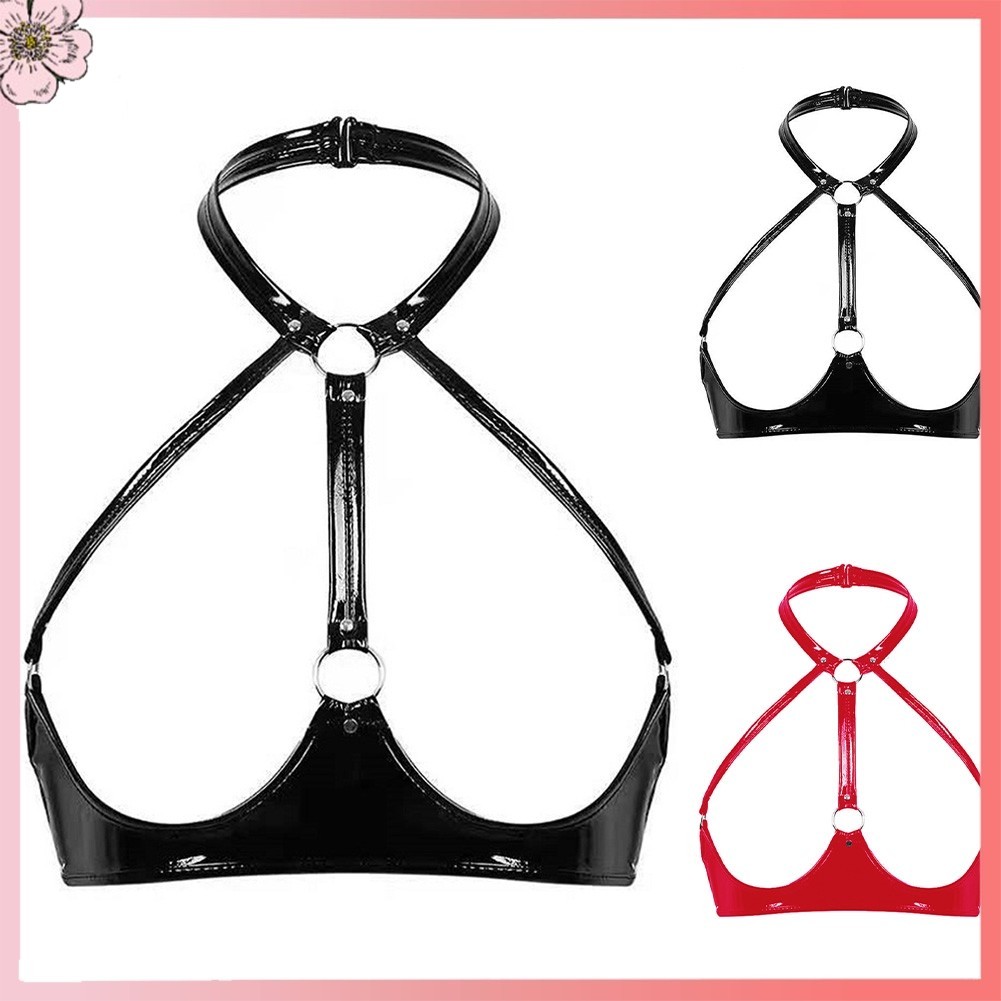 Vot เซ็กซี่สตรีเปิดถ้วย Underwired Bra Crop Top เปียกดูหนัง PVC Dance Clubwear
