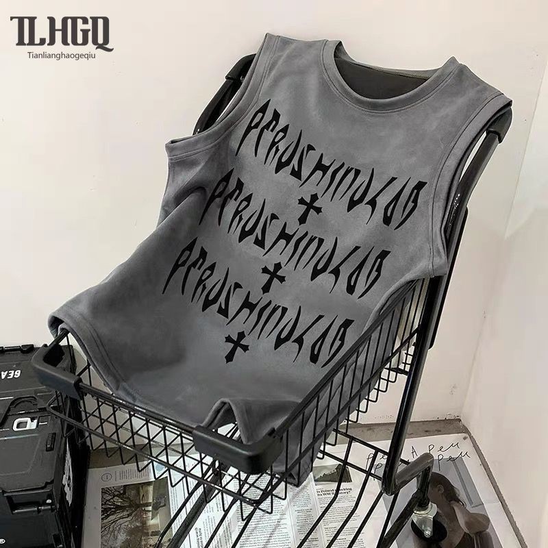 ผู้ชายข้ามตัวอักษรพิมพ์เสื้อวินเทจ Unisex กีฬาหลวมหลวม ๆ เสื้อยืดแขนกุด Instagram