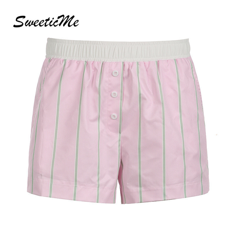 Sweeticme ผู้หญิง 2024 ใหม่แฟชั่น Contrast สี Stripe เอวยางยืด Causal Basic กางเกงขาสั้น