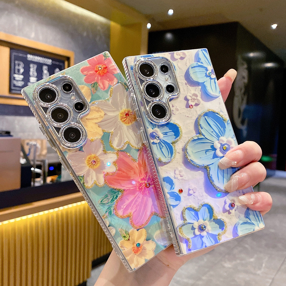 SAMSUNG สําหรับsamsung Galaxy S24 Plus Ultraภาพวาดสีน้ํามันดอกไม้รูปแบบเคสโทรศัพท์พร้อมเลนส์ป้องกันฟิล์มสําหรับSamsung Galaxy S23 Plus S21 S22 Ultra S24Plusซิลิโคนนุ่มAnti Drop Cover