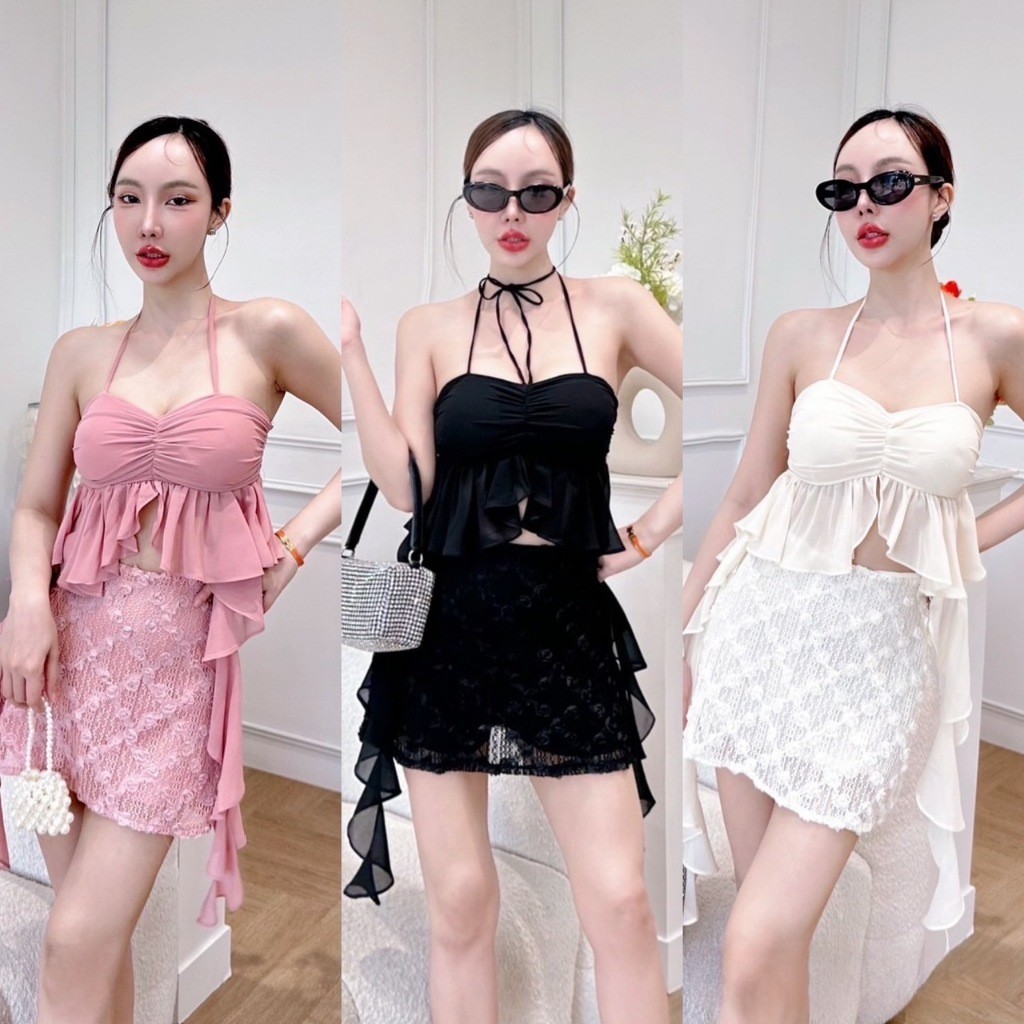 C04 ชุดเซ็ต เสื้อชีฟอง แมทกระโปรงลูกไม้