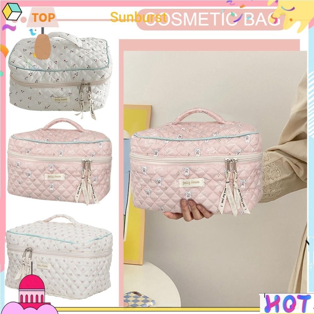เกาหลีน่ารักกระเป๋าเครื่องสําอางแบบพกพาซิป Travel Organizer Quilted คลัทช์กระเป๋าถือ [Sunburst11.th]