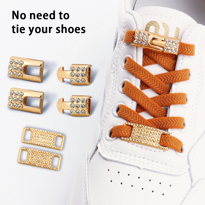 1 คู่ยืดหยุ่นไม่มี Tie รองเท้า Laces Bling เพชร Cross ล็อคเชือกผูกรองเท้า Charms รองเท้าผ้าใบหัวเข็มขัดสําหรับ AF1 โลหะ Shoelaces สําหรับผู้หญิง Man