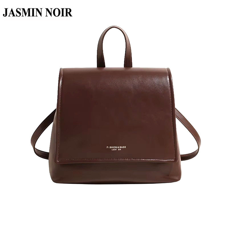 Jasmin NOIR PU Leather กระเป๋าเป้ผู้หญิง Retro Large Flap School Bag กระเป๋าเดินทาง