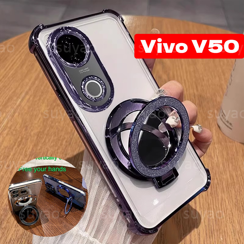 สําหรับVivo V70 FE V60 V50 Lite 2026 เคสโทรศัพท์CDผู้ถือแหวนTPU Clear ElectroplatedปลอกV70FE VivoV50Lite VivoV40Liteโปร่งใสกันกระแทกป้องกันนุ่มปกหลัง