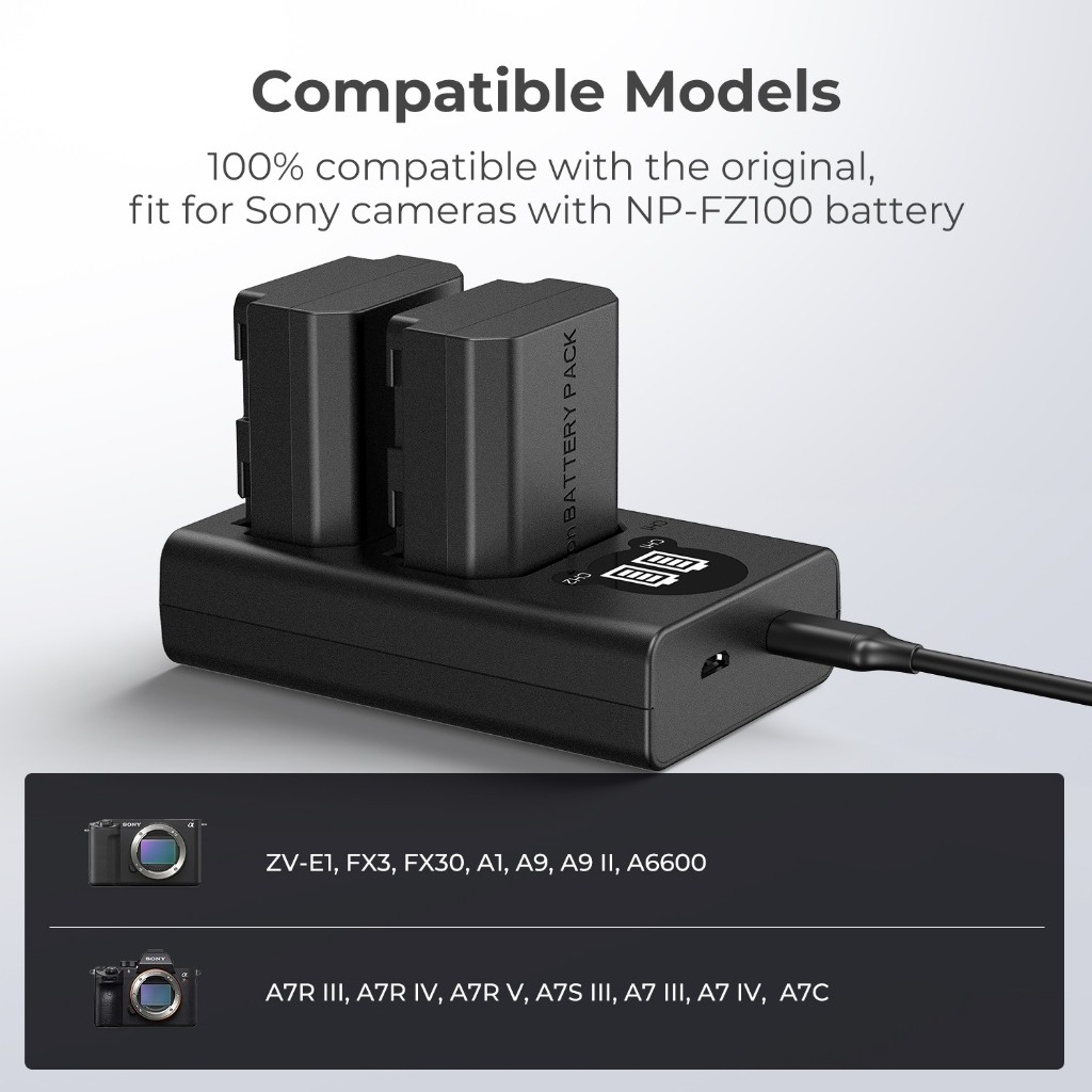 K&F CONCEPT NP-FZ100 ชาร์จแบต Sony🔋 พร้อมจอ LCD 2 ช่อง USB+Type-C ชาร์จเร็ว แบบพกพา 👍