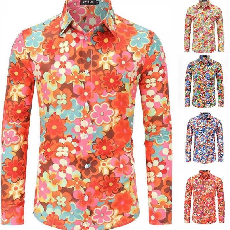 New Hippie Mens 70s Disco Hip-hop Style Button Floral Retro Long-Shirt Ready for Sale