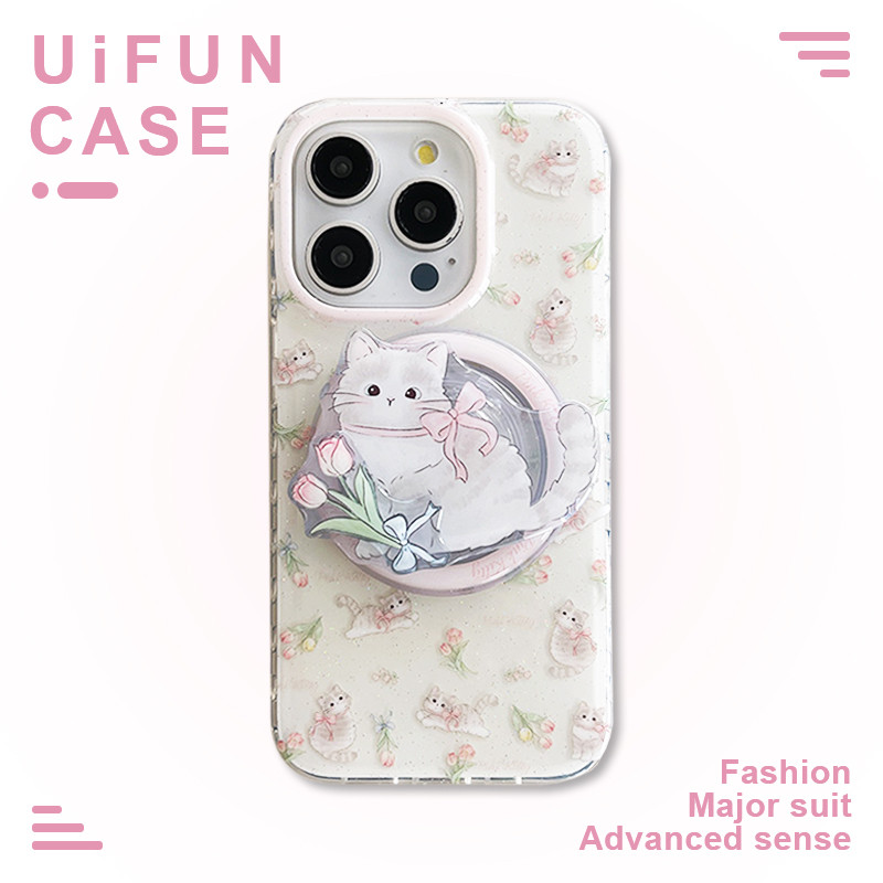Kawaii Tulip Cat Bracket ไร้สายชาร์จเคสโทรศัพท์สําหรับ iPhone 16 15 14 13 Pro Max iPhone15 Shock Proof ฝาหลัง IMD Shell