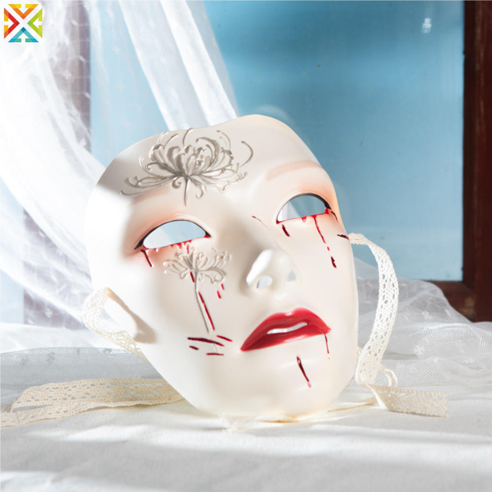 Retro Hand Drawing Mask แฟชั่นผู้ชายและผู้หญิงดอกไม้ Drop Blood Face Vizor สไตล์โบราณผู้ใหญ่ Hanfu Props Ball Party คอสเพลย์อุปกรณ์เสริม