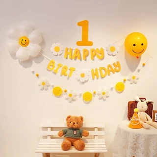 หน้ายิ้ม ป้ายผ้าแบนเนอร์ ป้ายผ้าวันเกิด ฉากหลังวันเกิด Happy Birthday ป้ายวันเกิด ของตกแต่งปาร์ตี้ สำหรับปาร์ตี้วันเกิด