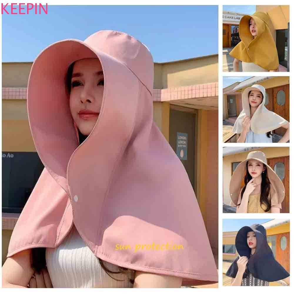 Keepin ผ้าคลุมไหล่หมวกชาวประมง, หมวกปีนเขากันแดดปีกกว้าง, หมวกหางม้าป้องกันรังสี UV แบบเรียบง่ายหมวกเดินป่าตกปลา