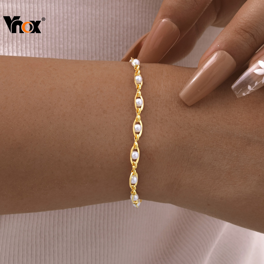 VNOX วีน็อกซ์ สร้อยข้อมือมุกสีทองสําหรับผู้หญิง,สร้อยข้อมือหรูหรากันน้ํา,ของขวัญเครื่องประดับแฟชั่น