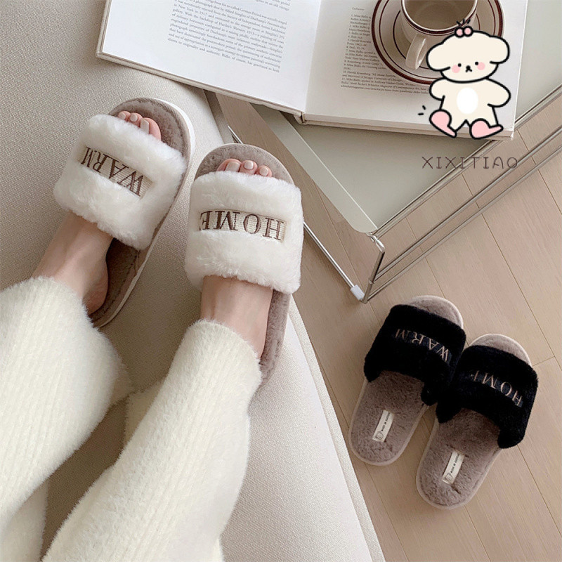 Xixtiao รองเท้าแตะผู้หญิงในร่มกลางแจ้งสวมใส่ Plush Keep Warm One-word Creative เย็บปักถักร้อย Soft Sole