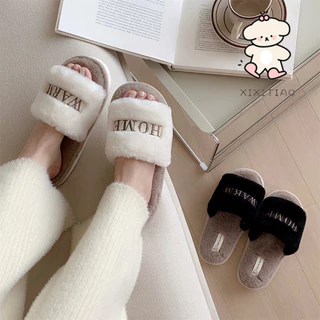 Xixtiao รองเท้าแตะผู้หญิงในร่มกลางแจ้งสวมใส่ Plush Keep Warm One-word Creative เย็บปักถักร้อย Soft Sole