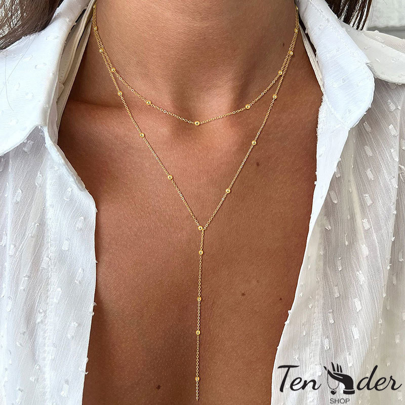 COD-ส่งเร็วจากไทย🎀สร้อยคอลูกปัดกลมสองชั้น รูปYเรียบง่าย สไตล์ยุโรปและอเมริกา สำหรับผู้หญิงแฟชั่น 2025ใหม่-Tender