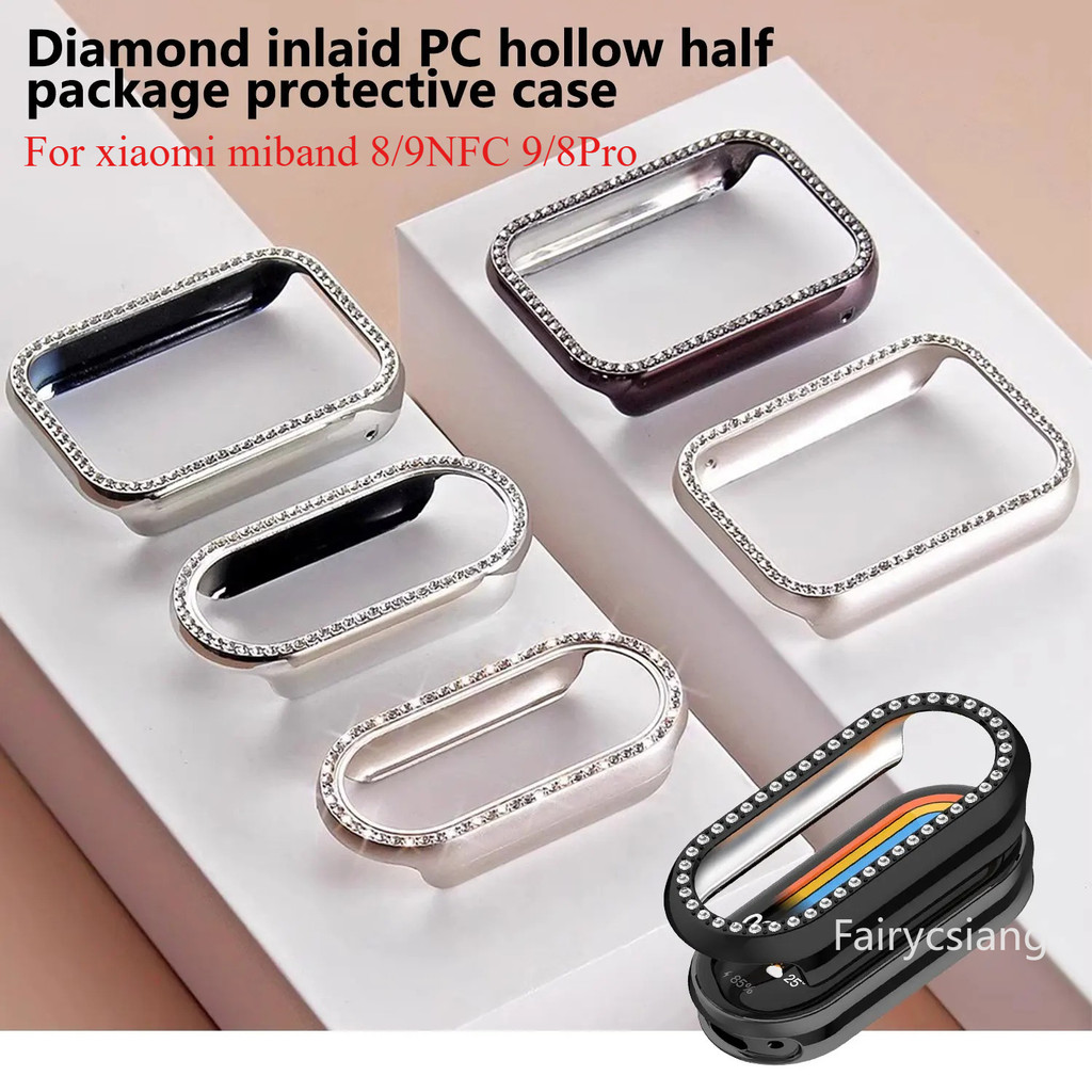 หรูหราเพชร Studded สําหรับ Xiaomi Band 8 9 NFC กรณี PC Hollowed Out ป้องกันสําหรับ Xiaomi Band 9 8 Pro