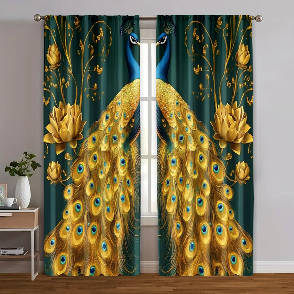 แนะนำ ผ้าม่าน 2ชิ้น ผ้าม่าน ม่านม้วน 2ง พิมพ์นกยูงสีทองพิมพ์โพลีเอสเตอร์ทนทาน (ไม่มีก้าน) ใช้วันหยุดสําหรับประเภทห้องต่างๆ ราคาพิเศษ มีเก็บเงินปลายทาง