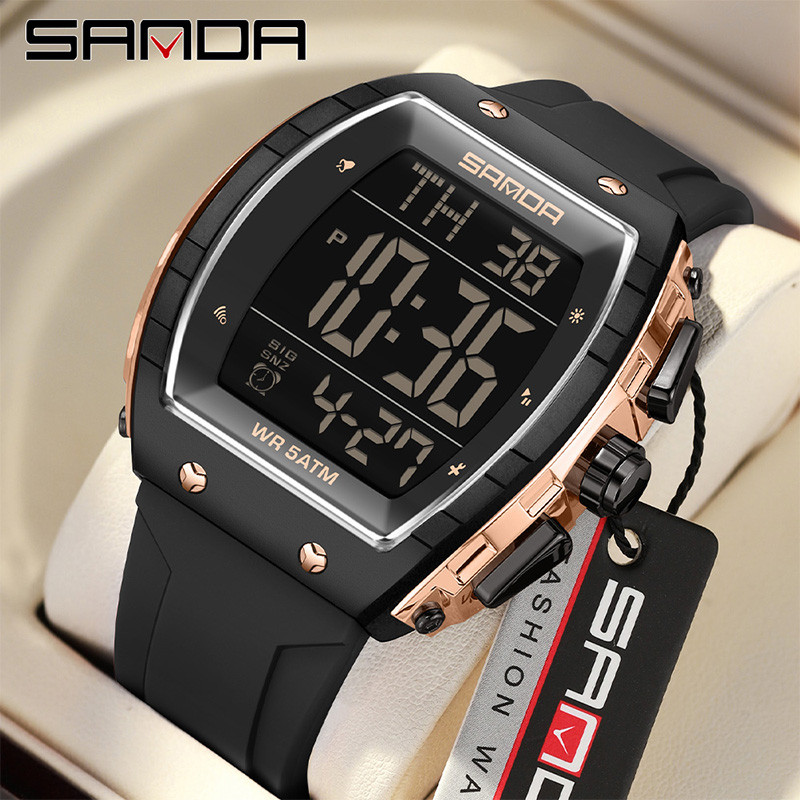 Sanda Wine Barrel นาฬิกาอิเล็กทรอนิกส์นาฬิกาปลุก Night Light กันน้ํา Multi functional นาฬิกาผู้ชาย SD6258-7