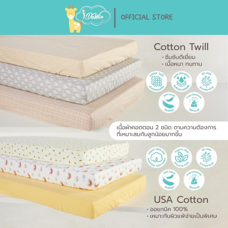A Idawin ผ้าปูที่นอน 70*130 cm ผ้า cotton twill 100% และผ้าปู cotton usa