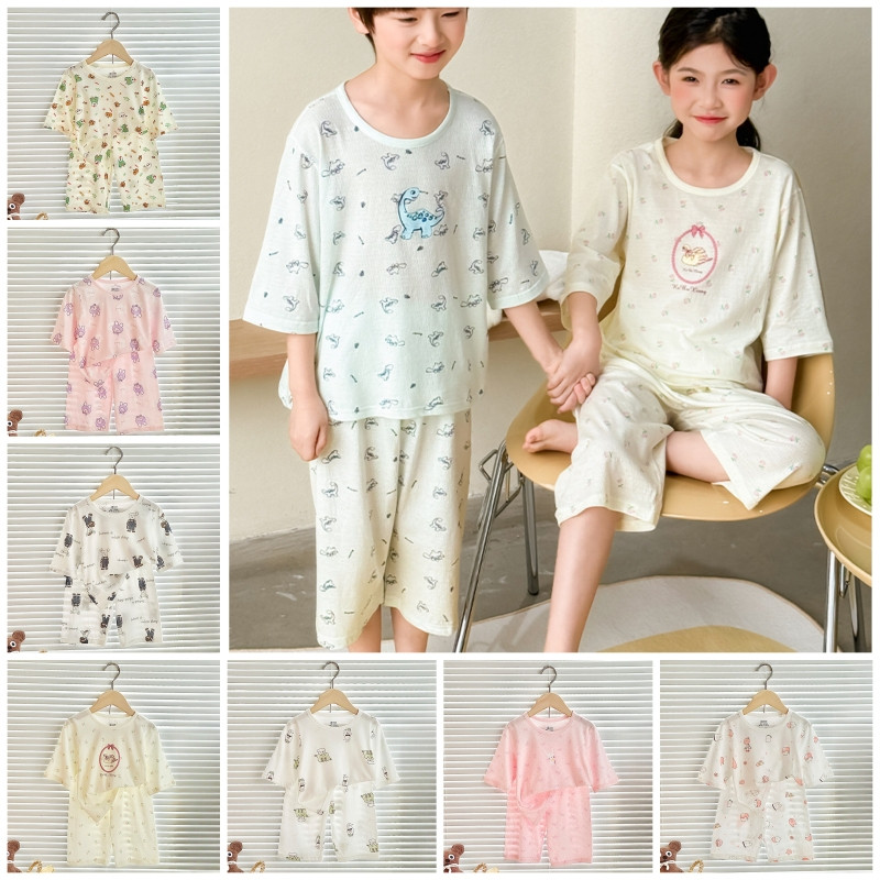 LFKids 3/4 แขนชุดนอนชุดผ้าฝ้าย 100-170 ซม.ชายหญิง Jacquard Loungewear ชุดสําหรับฤดูใบไม้ผลิฤดูร้อน
