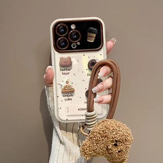 💖ขายร้อน💖 ตุ๊กตากาแฟ iPhone 16 Pro Max เคสโทรศัพท์ iPhone 15 14 13 12 Flip Mirror Lanyard เคสป้องกัน