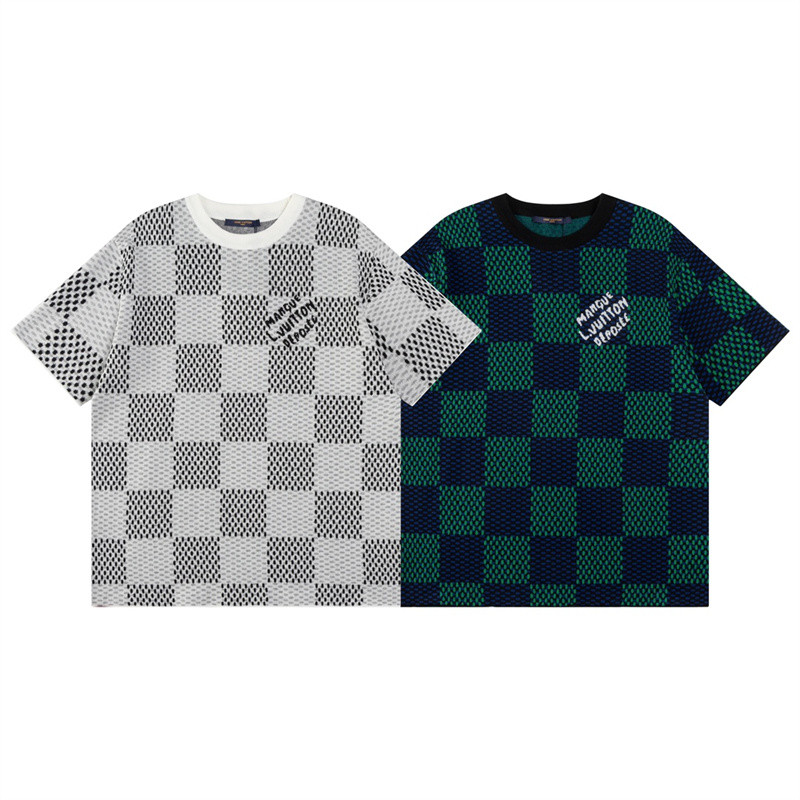 Street แฟชั่นผู้ชายและผู้หญิงผ้าฝ้ายเสื้อยืดกระดานหมากรุกรูปแบบ Jacquard สานแขนสั้น Tshirt Casual Tops Unisex