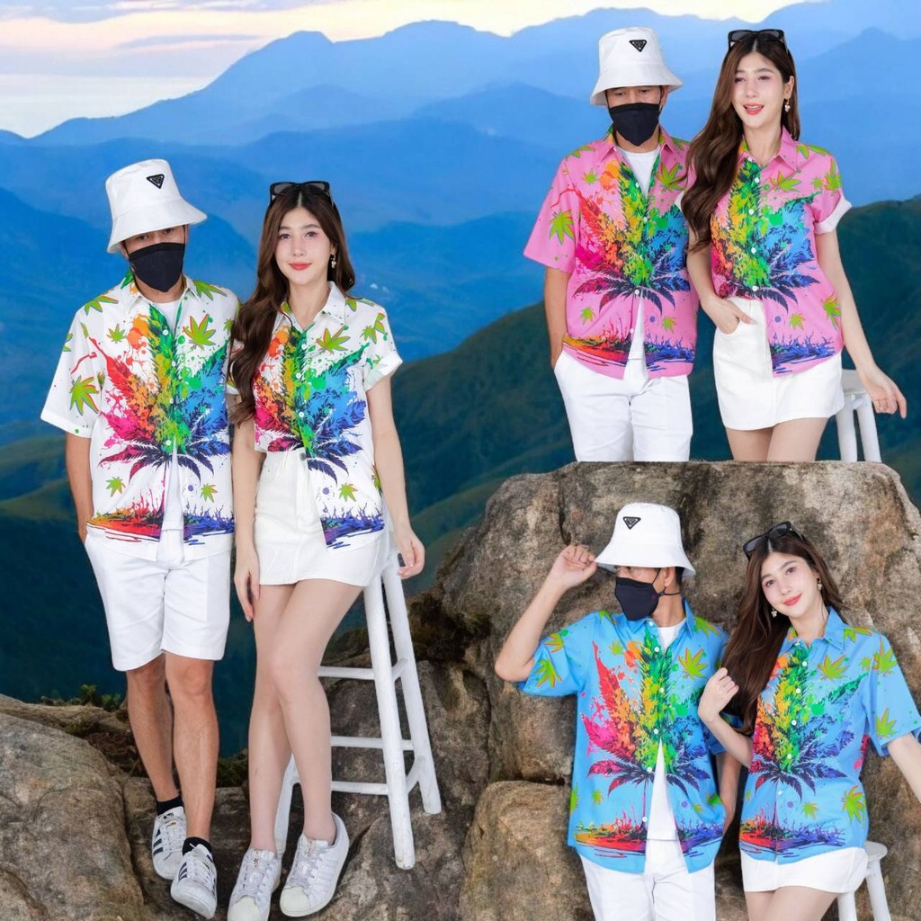 PINK3134 เสื้อฮาวายลายใหม่2026 ทรงวัยรุ่น หญิงชายใส่ได้ ผ้าโพลีพรีเมี่ยม ไซส์S-8XL งานปัาย ลายคมชัด  **1ตัว**