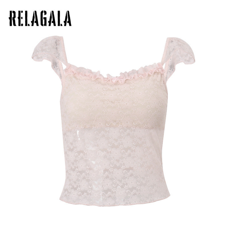 RELAGALA ผู้หญิง 2025 ใหม่สีทึบหวาน Slim Fit แฟชั่นลูกไม้ดูผ่าน Causal Camisole