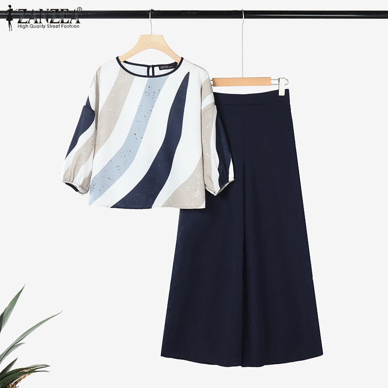 ZANZEA ใส่ ซานเซีย ผู้หญิงสบายๆพิมพ์3/4แขนโคมไฟข้อมือยืดหยุ่นเสื้อ+กลับเอวยืดหยุ่นกางเกงบานชุด