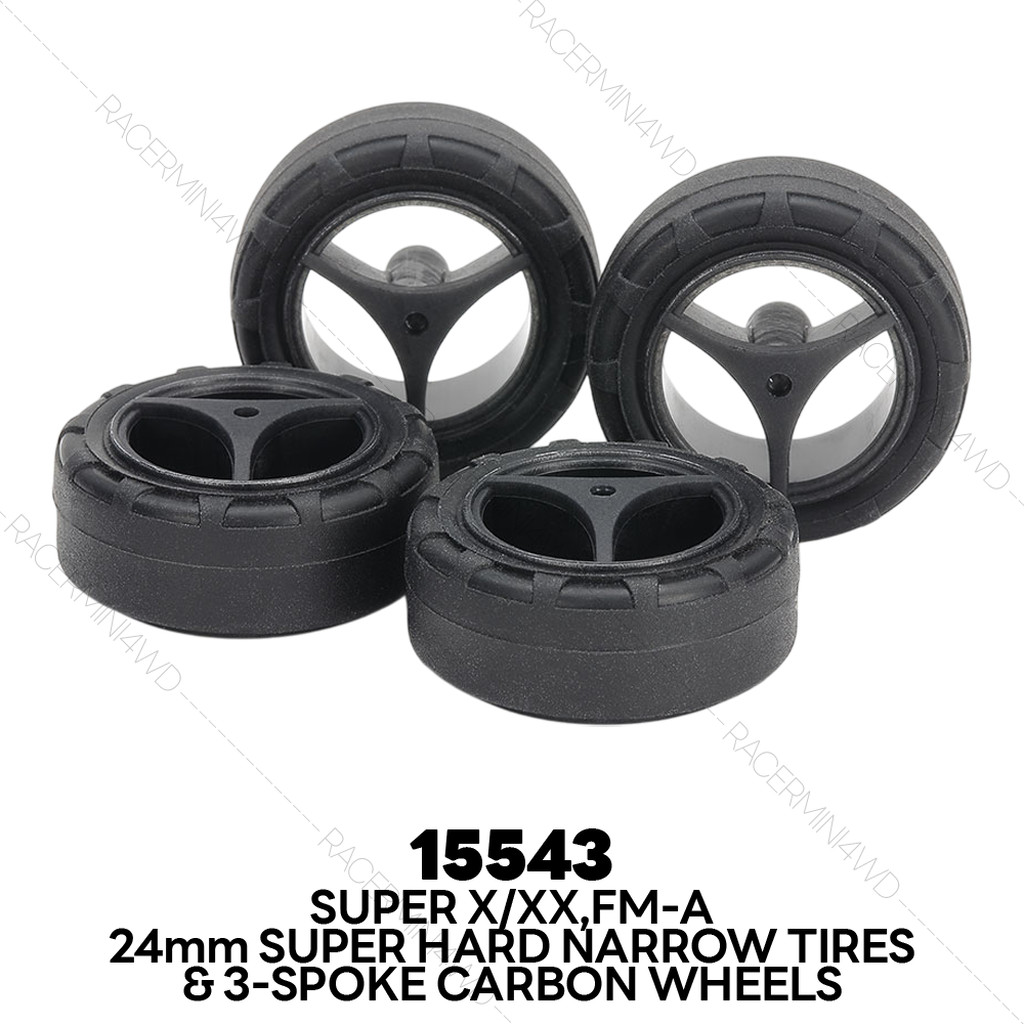 TAMIYA 15543 Super X/XX 24mm Super Hard Narrow Tires & 3-Spoke Carbon Wheels