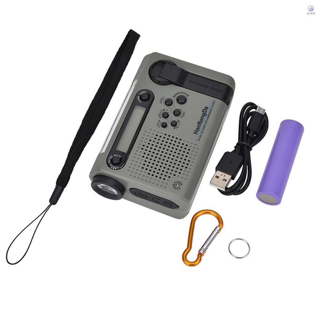 Hanrongda วิทยุฉุกเฉินกลางแจ้งแบบพกพา AM FM SW วิทยุพลังงานแสงอาทิตย์ Hand Crank พร้อมไฟฉาย LED 2000mAh แบตเตอรี่ SOS Alarm