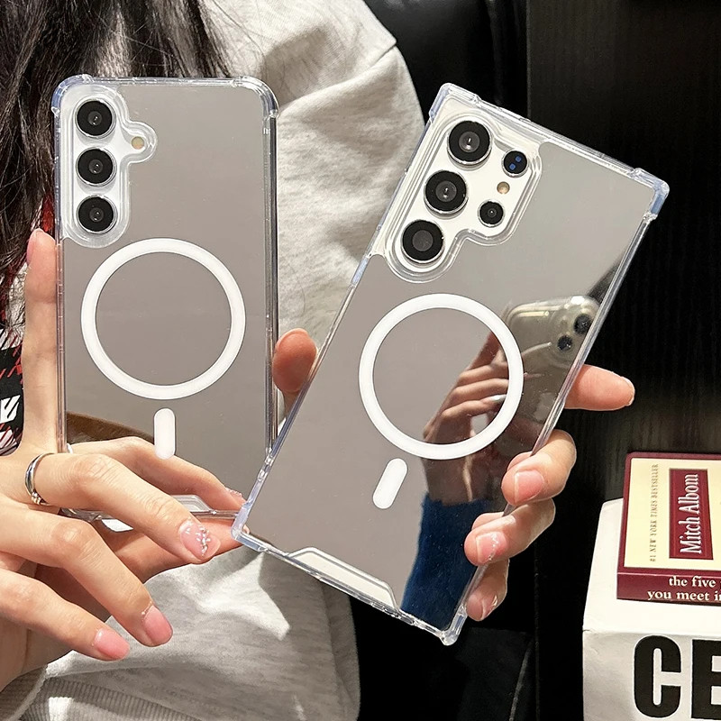 กระจกหรูหราแม่เหล็กสําหรับ Samsung Galaxy S25 S24 S23 Ultra Plus FE S25 Edge ถุงลมนิรภัยกันกระแทก Hard PC ฝาหลัง