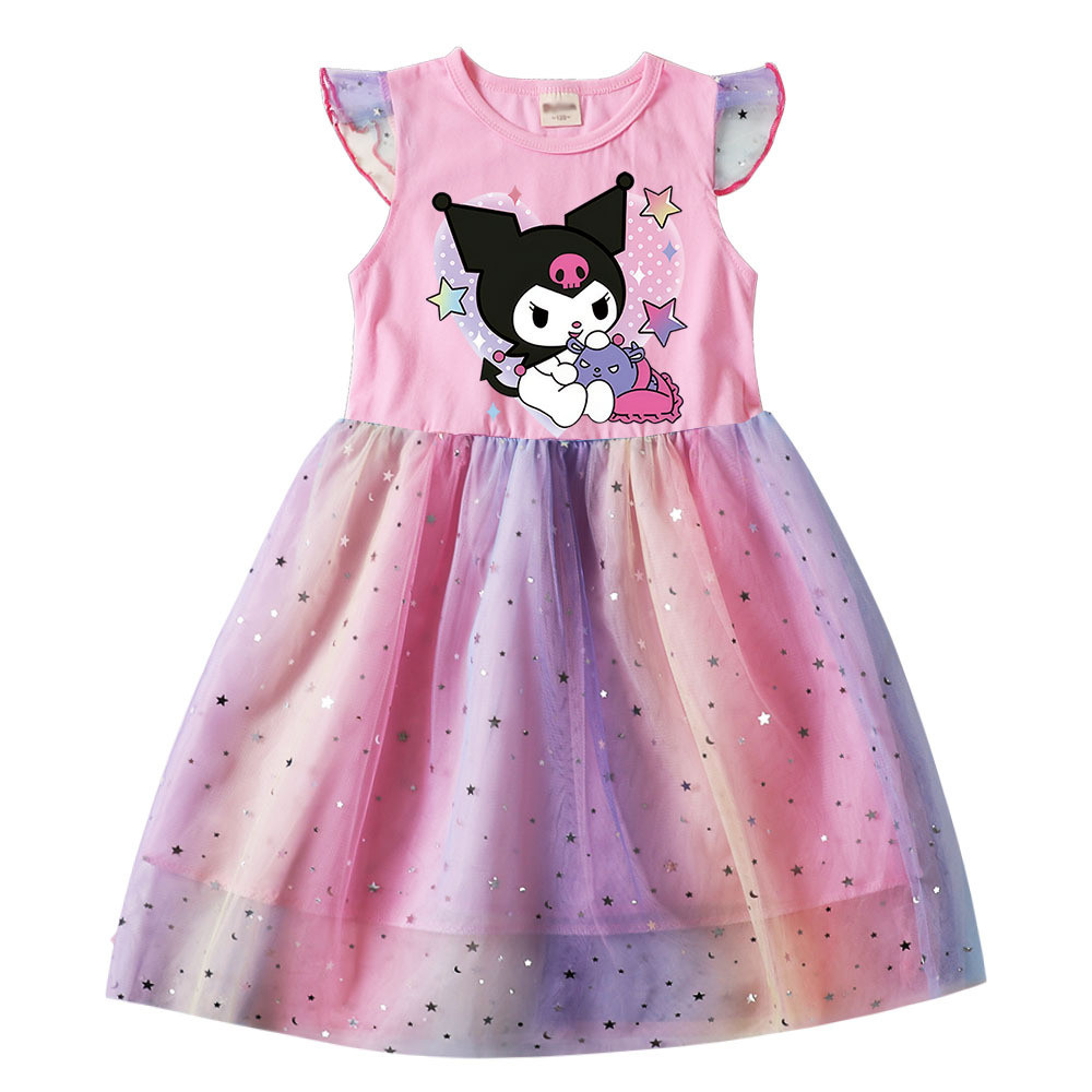 Kuromi Sanrio Cinnamoroll ชุดเดรสเด็กผู้หญิงฤดูร้อนสาวแขนกุดผ้าฝ้ายผ้าไหมชุดการ์ตูนน่ารักชุดเจ้าหญิง