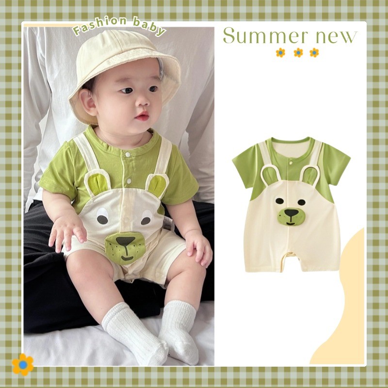 ฤดูร้อนเด็กทารกชายและหญิงแขนสั้น ชุด ผ้าฝ้ายแท้บางการ์ตูนหมีสุดน่ารักสบาย ประกบกัน ออกแบบ ชุดรอมเปอร์