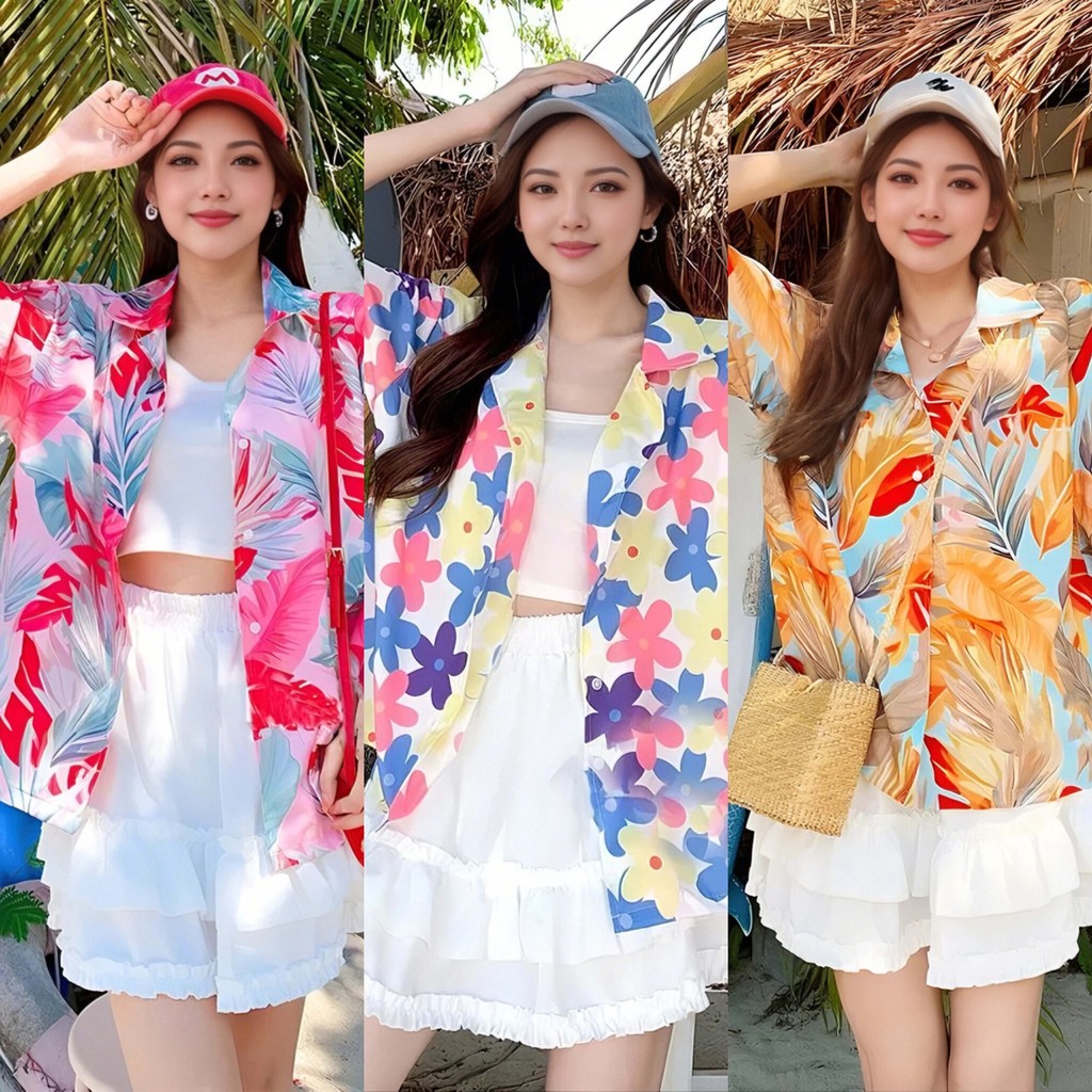 เสื้อเชิ้ตสีฟ้าฤดูร้อนสำหรับผู้หญิง ดีไซน์เรียบง่ายเหมาะสำหรับใส่เล่นน้ำสงกรานต์หรือกิจกรรมกลางแจ้ง