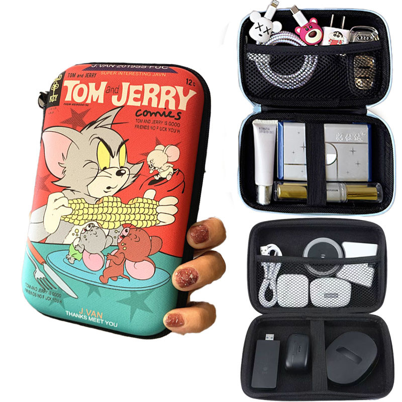 Tom and Mouse PU Leather Travel Digital Storage Bag Portable Cable Organizer Bag Charger Gadget Organizer USB Drive Protection Storage