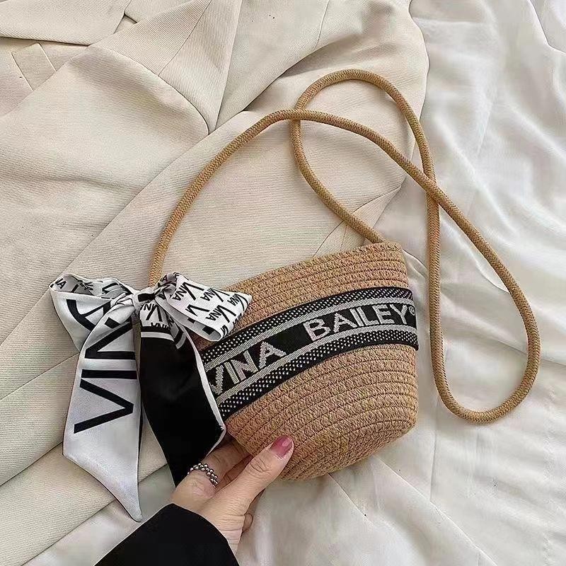 ทอฟางทอผ้าฤดูร้อนสไตล์ตะวันตกกระเป๋าหญิง2024ถังไหล่ซิปสไตล์ทอกระเป๋าถังสไตล์พระ