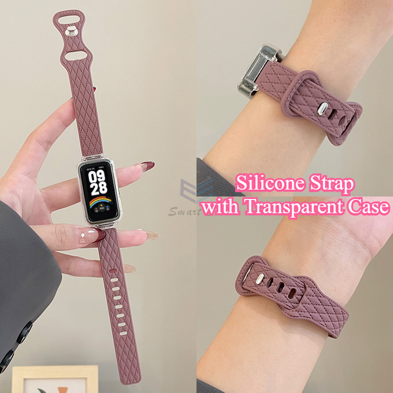 สายซิลิโคนพร้อมเคสใสสําหรับ Huawei Band 10 / 9 / 8 / 7 / 6 และ Huawei Band10 / Band9 / Band8 สายนาฬิกาซิลิโคนพร้อมเคสใส