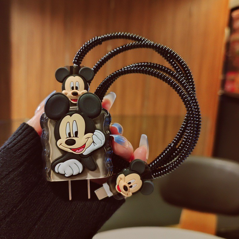 4 in 1/น่ารักการ์ตูน (Mickey Mouse) DIY 18w/20w Charger Protector ชุด Charger Case Cable Protector ใช้งานร่วมกับสําหรับ iPhone11 12 13 14 15 16pro max