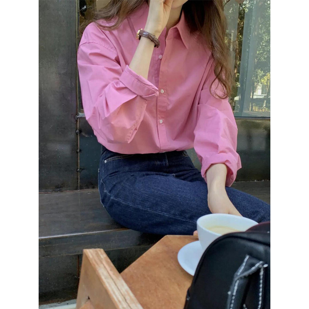 เสื้อเชิ้ตแขนยาว HHB2967 เชิ้ตคอปกผู้หญิงสีทึบเรียบง่าย ดีเทลกระดุมหน้า เสื้อทํางานแฟชั่นเกาหลีสไตล์