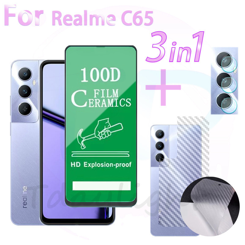 3 in 1 ฟิล์มกระจกนิรภัยกันรอยหน้าจอ เซรามิค คาร์บอนไฟเบอร์ กันรอยเลนส์กล้อง HD สําหรับ Realme C65 Realme C51 C51S C53 Note 50 C67