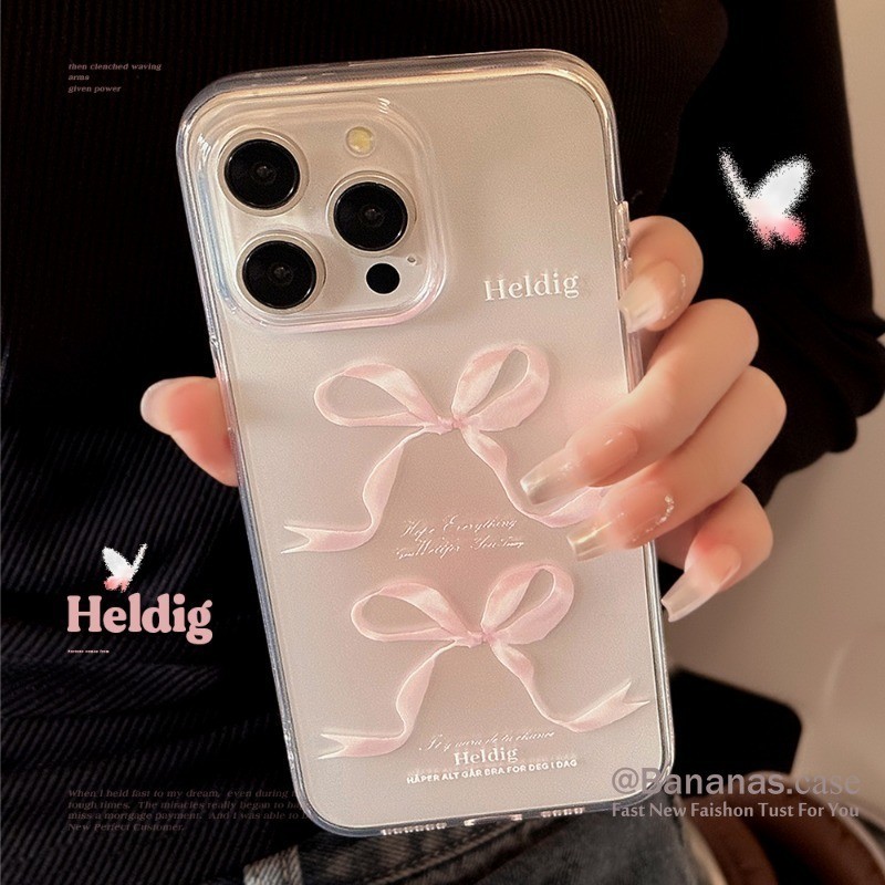 เคสโทรศัพท์มือถือ แบบนิ่ม ประดับโบว์ สีชมพู สําหรับ iPhone 15 14 13 12 11 Pro Max X Xr Xs Max 7 8 Plus SE2020