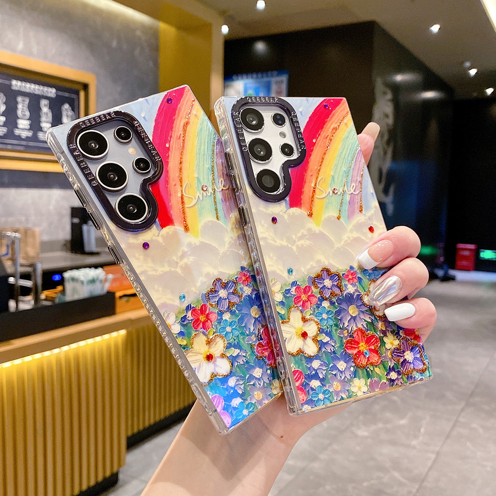 เคสโทรศัพท์มือถือ ซิลิโคนนิ่ม TPU กันกระแทก ลายภาพวาดสีน้ํามัน รูปผีเสื้อ ดอกไม้ พร้อมสายคล้อง และคลิปหนีบ สําหรับ Samsung Galaxy S24 S23 Ultra S23 Plus S24Plus S23Ultra