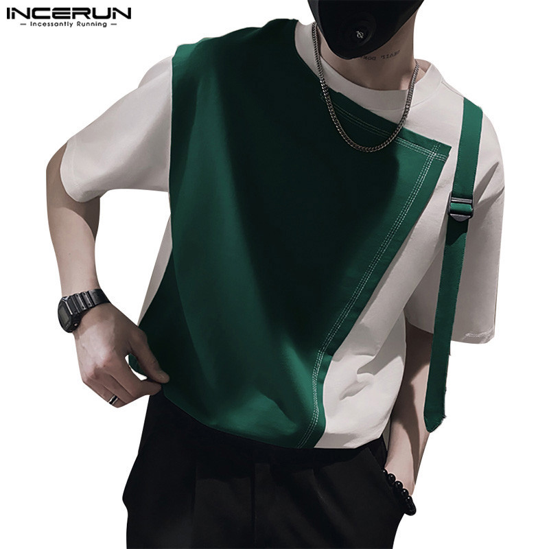 Incerun เสื้อยืดแขนสั้น เย็บปะติดปะต่อกัน ออกแบบดี แฟชั่นเกาหลี สําหรับผู้ชาย