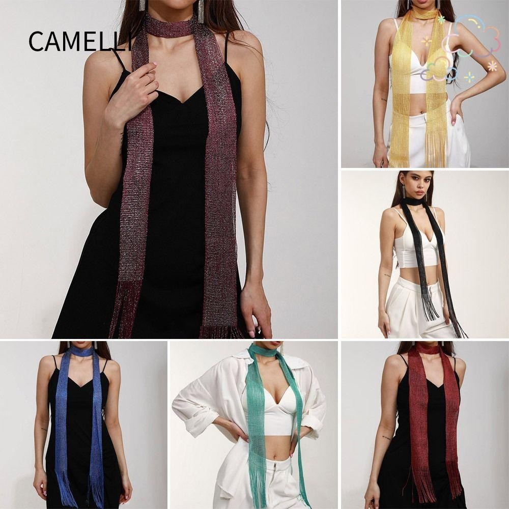 Camelli ผ้าคลุมไหล่ กันแดด ไนท์คลับ ผ้าไหม แวววาว สร้อยคอ สีทอง สีเงิน สําหรับผู้หญิง ลูกไม้ พู่ ชุดราตรี ผ้าพันคอ