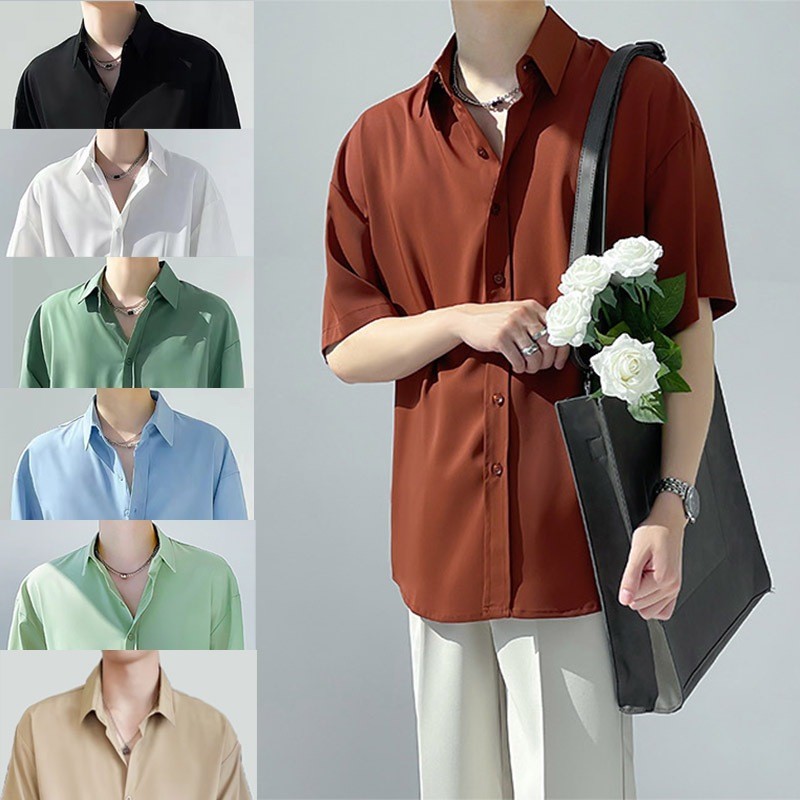 เสื้อนักศึกษาชาย แขนสั้น สีพื้น คอปก เสื้อเชิ้ตใส่ทำงานชาย สไตล์ลำลอง สไตล์เกาหลี เสื้อเชิ้ตผู้ชาย ไซส์ M L XL XXL