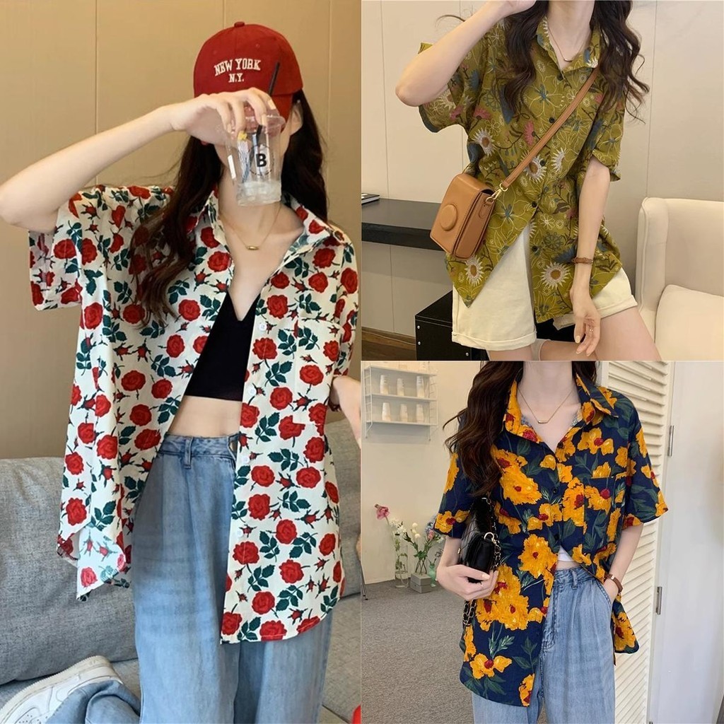 Lune_Grace w339เสื้อเชิ้ดลายดอกแขนสั้น ทรงฮาวายผู้หญิง