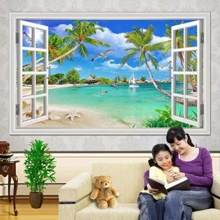 ที่กําหนดเองหน้าต่างปลอมริมทะเลนกนางนวลทิวทัศน์ที่สวยงาม3งภา…