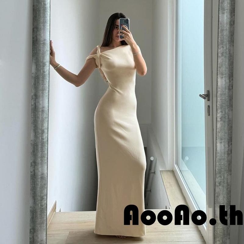 AooAo-ชุดราตรียาวสตรีแขนสั้นคอผ่าชุดไม่สม่ำเสมอ