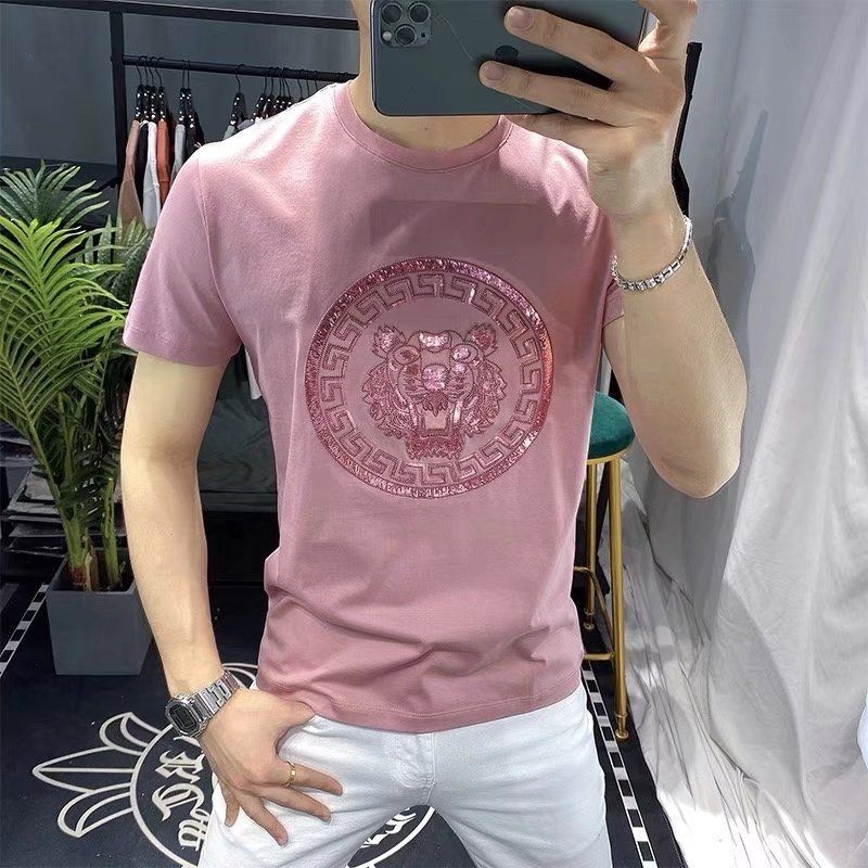 ผู้ชายผ้าฝ้ายแท้แขนสั้นเสื้อยืดผู้ชายถนนสวมรอบคอร้อนเพชรทุกการแข่งขันครึ่งแขนด้านบน จุดต่ําสุด